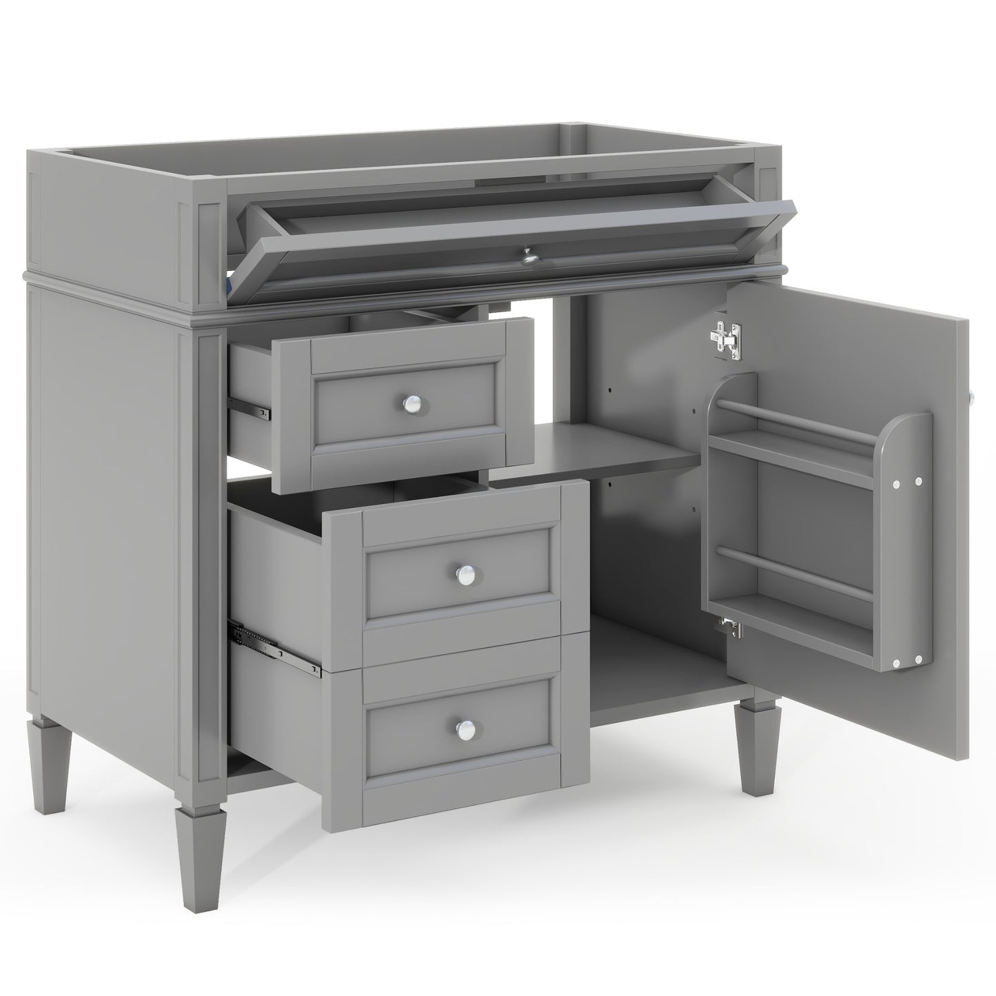 Modern 36'' Bathroom Vanity with 2 Drawers and Tip-out Drawer, Solid Wood Frame in Grey, MDF & Rubberwood Construction