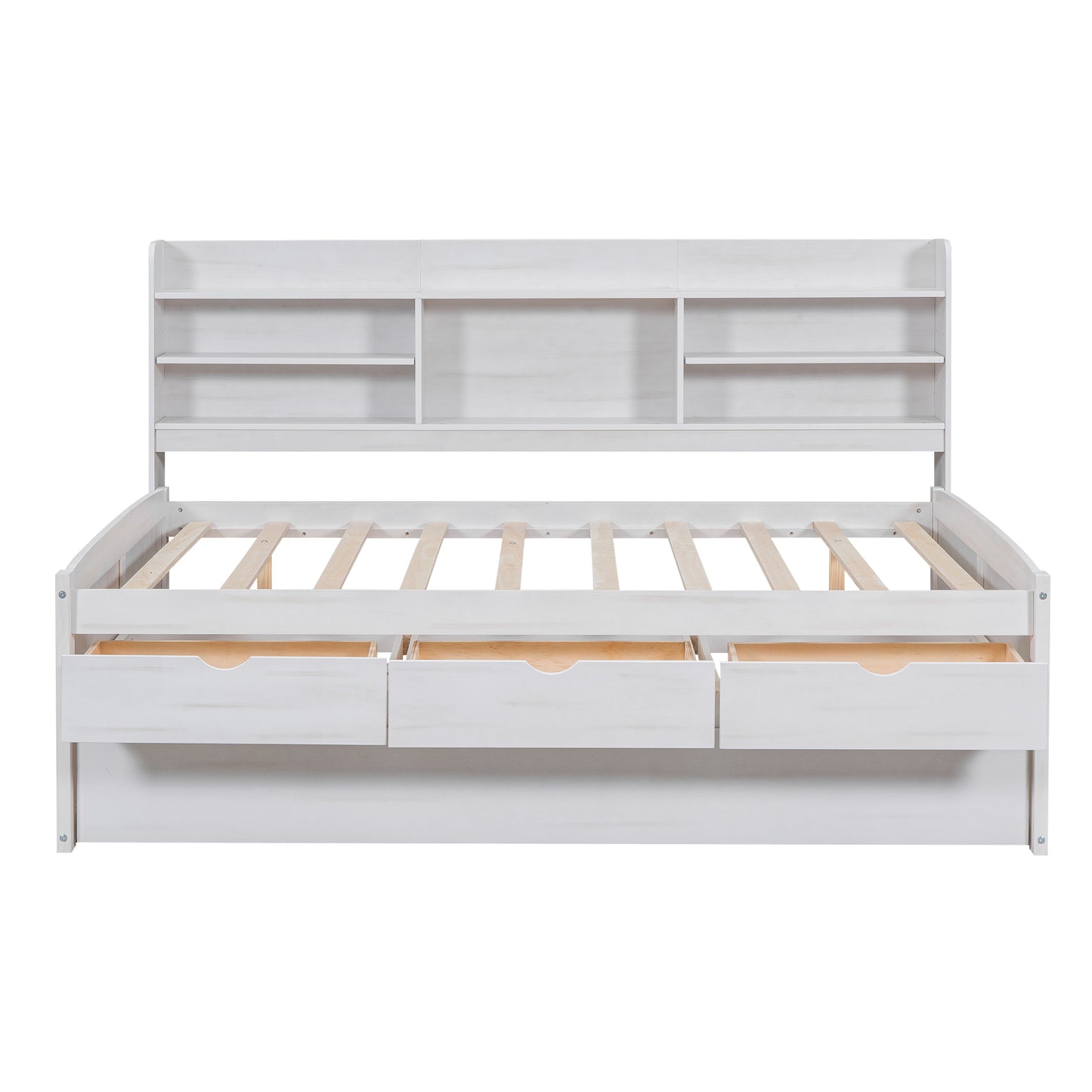 White Wash Full Size Wooden Captain Bed with Built-in Bookshelves, 3 Storage Drawers, and Trundle - Solid Pine Wood + MDF