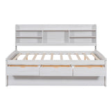 White Wash Full Size Wooden Captain Bed with Built-in Bookshelves, 3 Storage Drawers, and Trundle - Solid Pine Wood + MDF