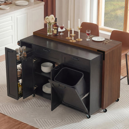 K&K 102.3' Kitchen Island with Extendable Dining Table, Kitchen Rolling Island Cart with Trash Storage Cabinet, 3-Tier Pull-Out Spice Rack, Mobile Island Table on Wheels for Kitchen, Dining Room,Black