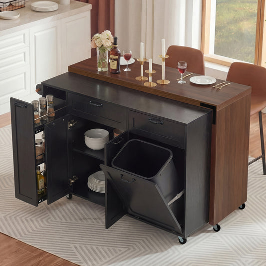 K&K 102.3' Kitchen Island with Extendable Dining Table, Kitchen Rolling Island Cart with Trash Storage Cabinet, 3-Tier Pull-Out Spice Rack, Mobile Island Table on Wheels for Kitchen, Dining Room,Black