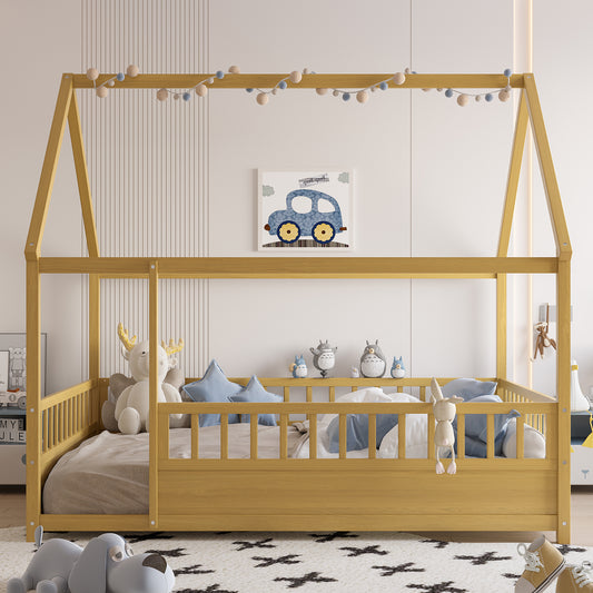 Full Size Floor Wooden Bed with House Roof Frame, Fence Guardrails(Full,Natural)