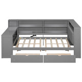 Wood Full Size Platform Bed with Storage Shelves, Drawers, Charging Station, LED, Desk and Upholstered Headboard in Grey+Grey Cushion