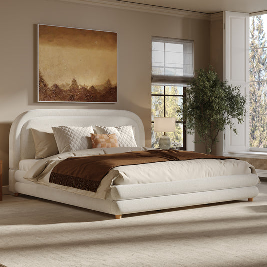 King Size Bed Frame With Boucle Upholstered Thick Curved Headboard, Solid Wood Legs, White
