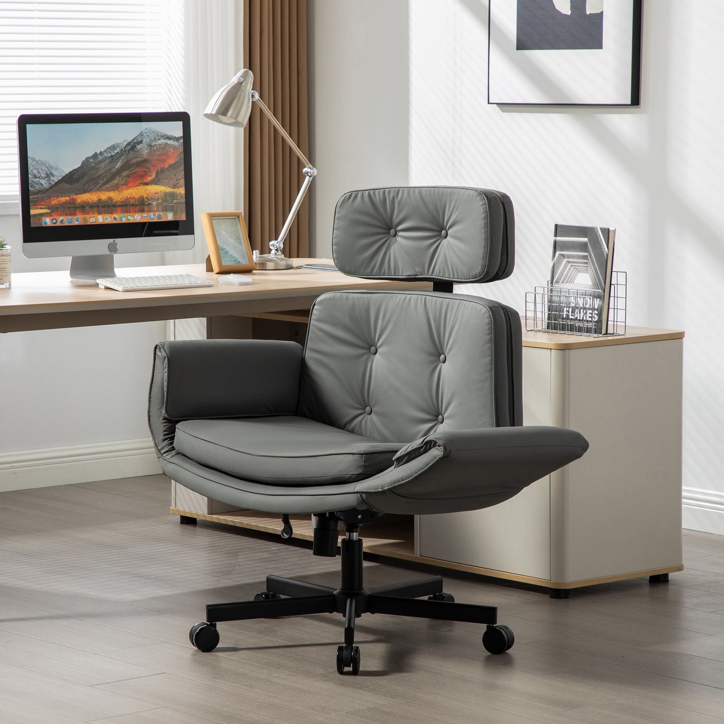 Criss Cross Chair with Adjustable Armrests & Wheels & Headrest, PU Lounge Vanity Desk Chair with Wide Seat for Cross-Legged Sitting, Swivel Task Office Chairs for Home, Makeup, Gaming, Office, Gray