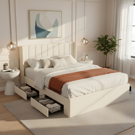 Large-capacity upholstered storage bed with drawers,Beige,Queen