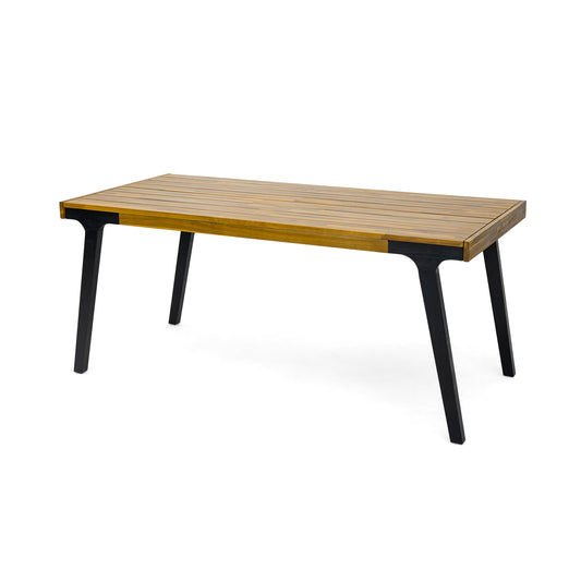 Acacia Wood Patio Dining Table, 69'L Rectangle Outdoor Table, Teak Finish and Black Leg