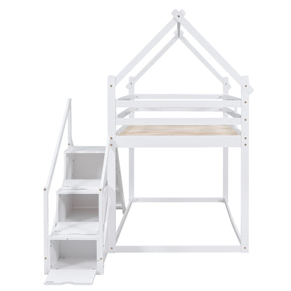 Borahmia Twin over Twin House Bunk Bed with Slide and Staircase, White