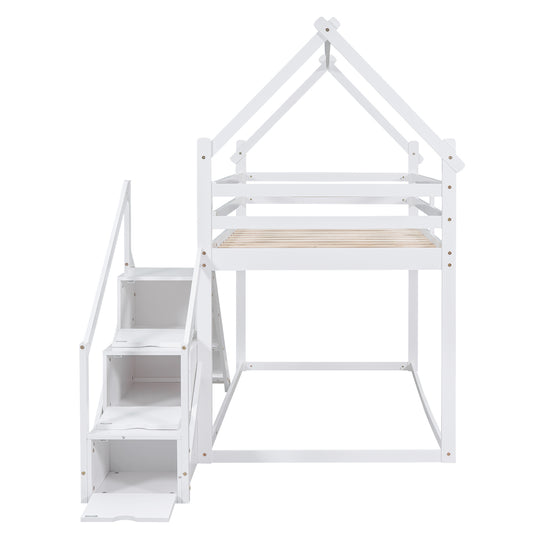 Borahmia Twin over Twin House Bunk Bed with Slide and Staircase, White