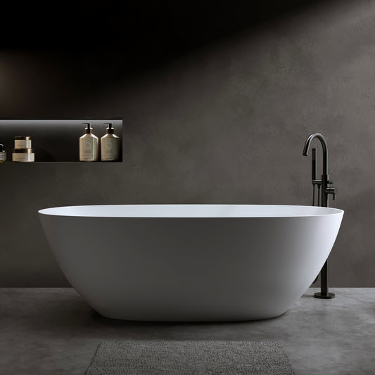 57″Solid Surface Matte Tub, Solid Surface Soaking Tub, Stone Resin Freestanding Bathtub, Thick Edge Stand Alone Tubs with Overflow, Pop-up Drain, Matte White (Oval)