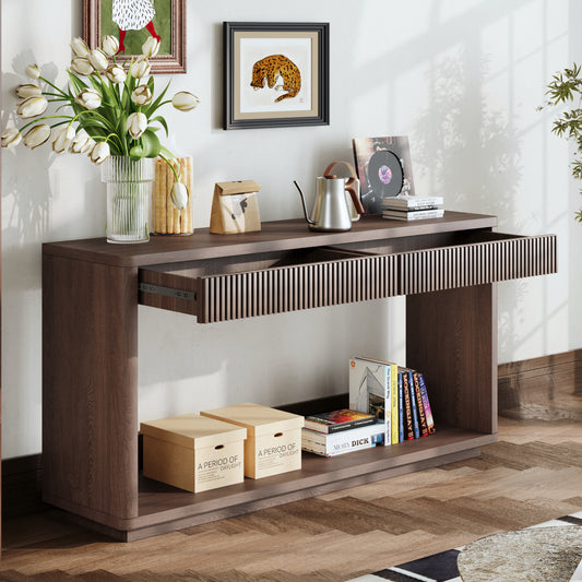 60' Modern 2-Drawer Fluted Console Table Natural Wood Veneer Sofa Table Behind Couch Table for Living Room, Hallway, Entryway, Home Office, Walnut