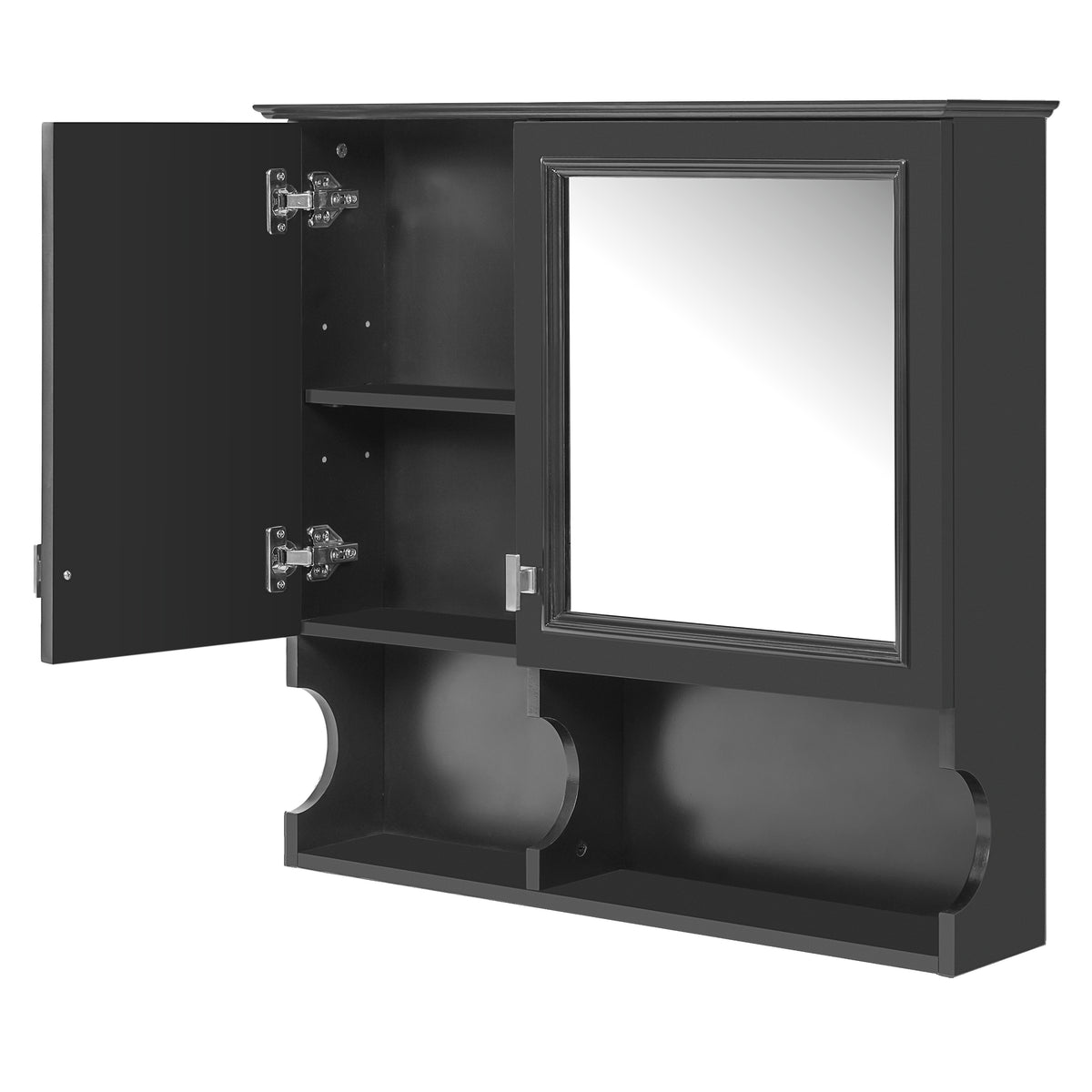 Modern Black Wall-Mounted Mirror Medicine Cabinet with Adjustable Shelf, 30 Inch Bathroom Storage with Doors and Open Shelves, Solid Wood Frame and High-Definition Mirror