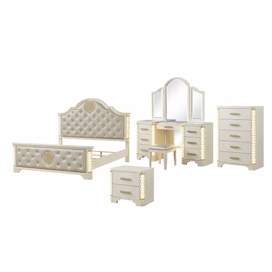 Jasmine Queen 5 Pc LED Vanity Bedroom Set in Beige made with Wood and Gold Accents