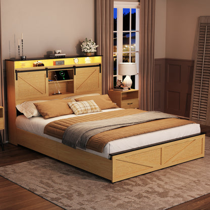 Farmhouse Queen Size Bed Frame with Storage Headboard and Drawers,Charging Station & LED Lights,Natural