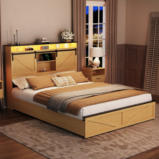 Farmhouse Queen Size Bed Frame with Storage Headboard and Drawers,Charging Station & LED Lights,Natural
