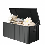 190 Gallon Metal Deck Box, Waterproof Steel Outdoor Box, Large Patio Furniture Storage Cabinet, Lockable Storage Bench for Porch Package Delivery, Pillows, Cushions, Pool, Tools, Backyard, Grey