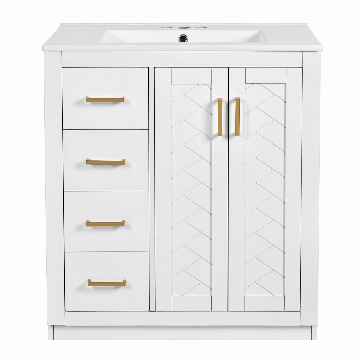 Modern 30'' Bathroom Vanity with Ceramic Sink, Solid Wood Frame Storage Cabinet, White Finish, 3 Drawers & Soft-Closing Doors