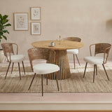 Round wooden dining table + 4 sets of dark brown rattan dining chairs in farmhouse style farm chair style