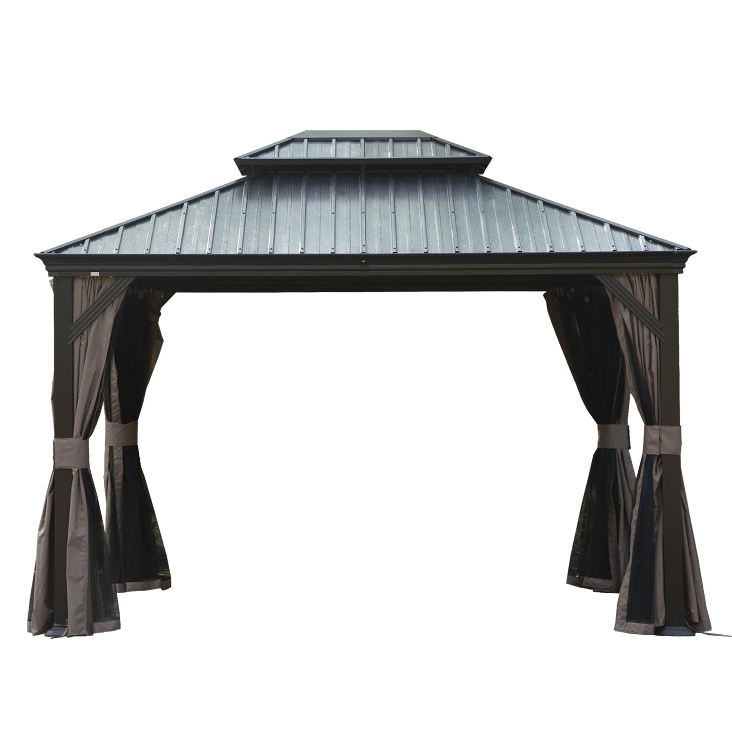 10' X 12' Hardtop Gazebo, Upgraded Metal Gazebo with Drainage System, Dual-Layer Galvanized Steel Roof, Curtain and Netting, Outdoor Shelter Canopy for Patio, Garden, and Backyard, Brown