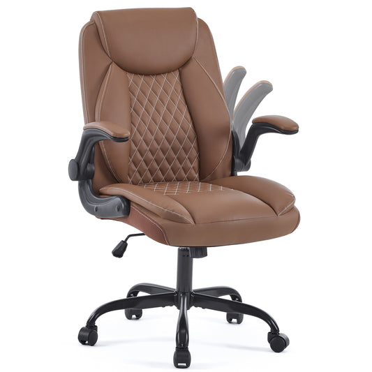 Leather Office Ergonomic Home Office Desk Chair, Back Support Swivel Executive Office Chair with Wheels and Flip-Up Armrests, Small Gaming Chair with Adjustable Rocking Function, Brown