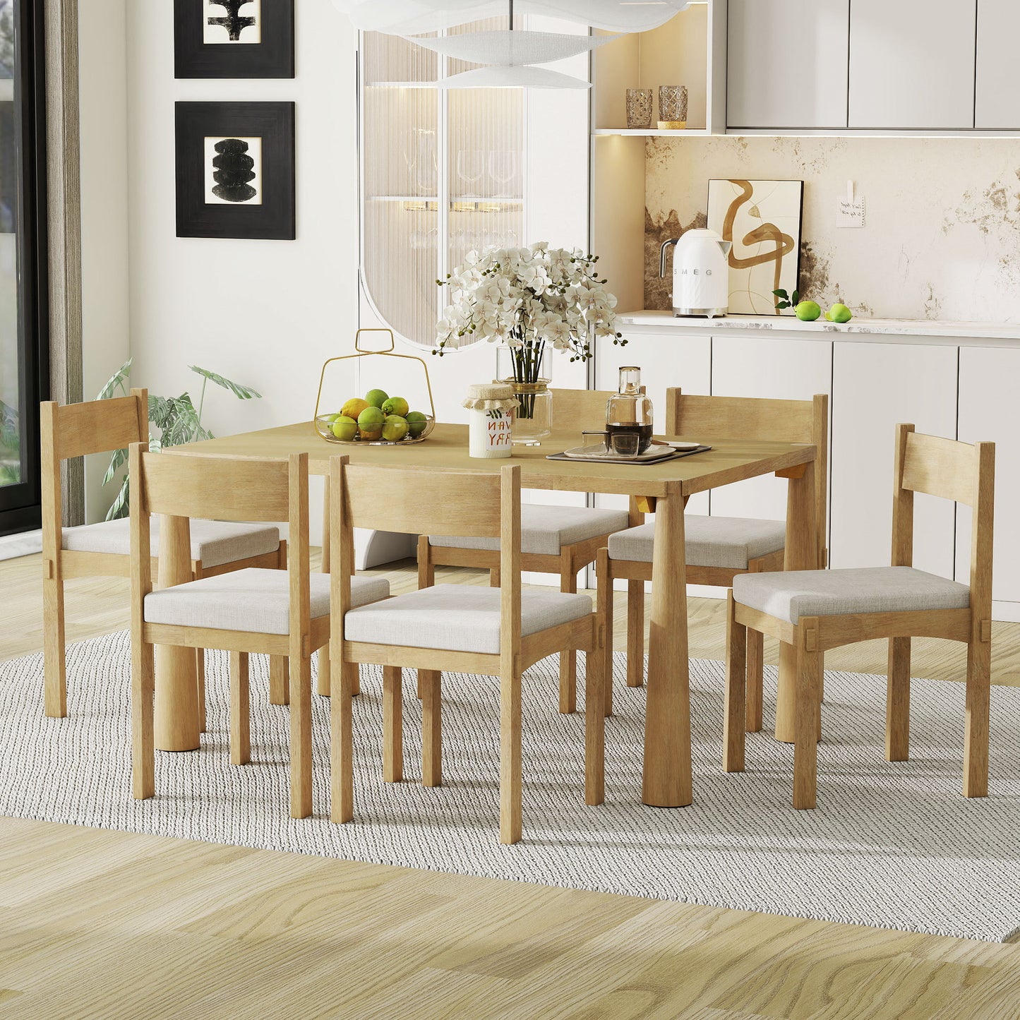 TREXM 7-Piece Retro Dining Table Set for 6, Wood Dining Table Set for 6 with Upholstered Chairs for kitchen & Dining Room (Natural Wood Wash)