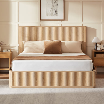 Natural oak wavy wood grain headboard platform bed frame, 44 inch high headboard large bed frame, modern minimalist style, easy assembly, no need for box springs