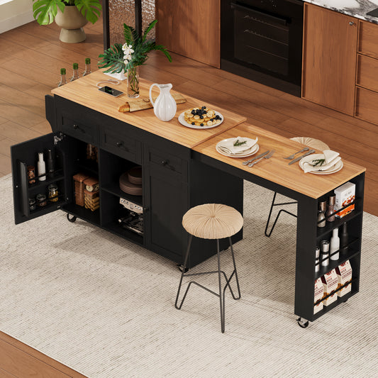 K&K 85.5' Kitchen Island with Extendable Dining Table, Kitchen Storage Table with 3 Side Open Shelves, Rolling Kitchen Island with Power Outlet, 3 Drawers, 2 Doors, for Kitchen, Dining Room, Black