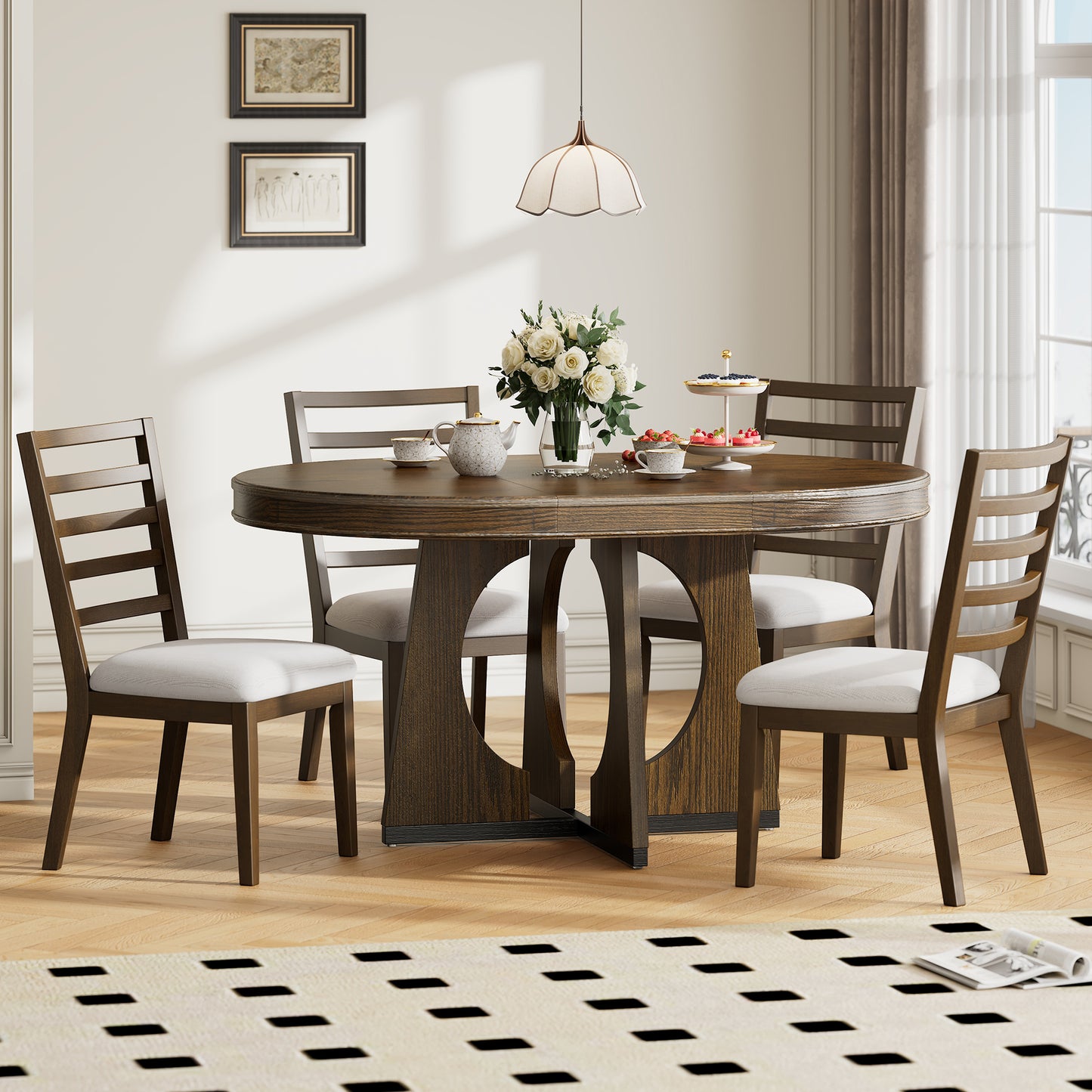 TREXM Round Dining Table for 4 with Chairs Set, Extendable Dining Table Set with 16' Removable Middle Leaf, 5 Piece Retro Dining Table Set Unique Geometric Design for Kitchen, Dining Room (Walnut)