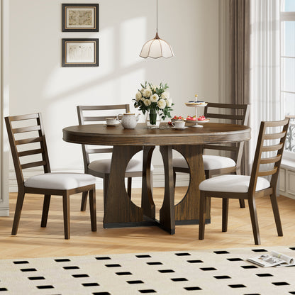 TREXM Round Dining Table for 4 with Chairs Set, Extendable Dining Table Set with 16' Removable Middle Leaf, 5 Piece Retro Dining Table Set Unique Geometric Design for Kitchen, Dining Room (Walnut)