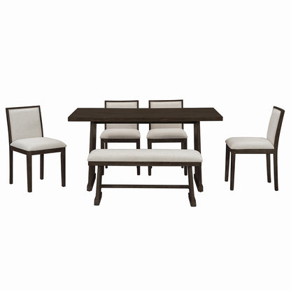 TREXM Rustic Farmhouse Dining Table Set with Wire Brushed Design, Rectangular Table with Trapezoid Legs, 4 Upholstered Linen Chairs & 1 Padded Bench in Espresso, Solid Wood and MDF Construction