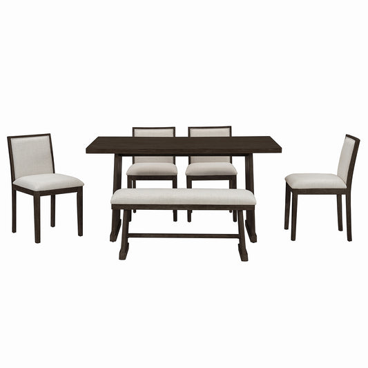 TREXM Rustic Farmhouse Dining Table Set with Wire Brushed Design, Rectangular Table with Trapezoid Legs, 4 Upholstered Linen Chairs & 1 Padded Bench in Espresso, Solid Wood and MDF Construction