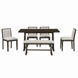 TREXM Rustic Farmhouse Dining Table Set with Wire Brushed Design, Rectangular Table with Trapezoid Legs, 4 Upholstered Linen Chairs & 1 Padded Bench in Espresso, Solid Wood and MDF Construction