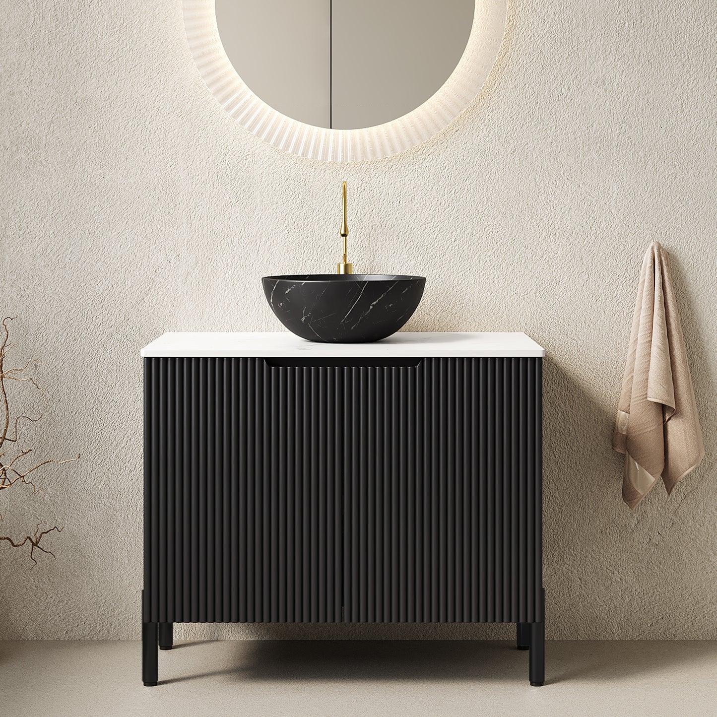 TURIO 30' Bathroom Vanity with Sink, Freestanding Bathroom Storage Cabinet with 2 Doors, Black Bowl Ceramic Basin with Stone Pattern and Carrara White Sintered Stone Countertop, No Faucet, Black Color