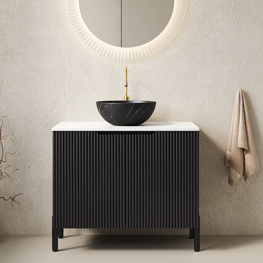 TURIO 30' Bathroom Vanity with Sink, Freestanding Bathroom Storage Cabinet with 2 Doors, Black Bowl Ceramic Basin with Stone Pattern and Carrara White Sintered Stone Countertop, No Faucet, Black Color