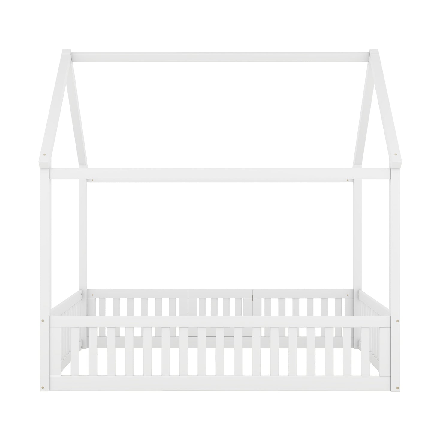 White House-Shaped Full Size Wood Bed with Fence and Door, Pine and MDF Construction