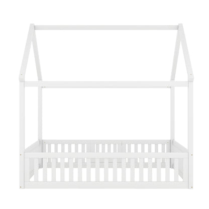 White House-Shaped Full Size Wood Bed with Fence and Door, Pine and MDF Construction