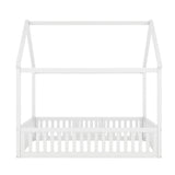 White House-Shaped Full Size Wood Bed with Fence and Door, Pine and MDF Construction