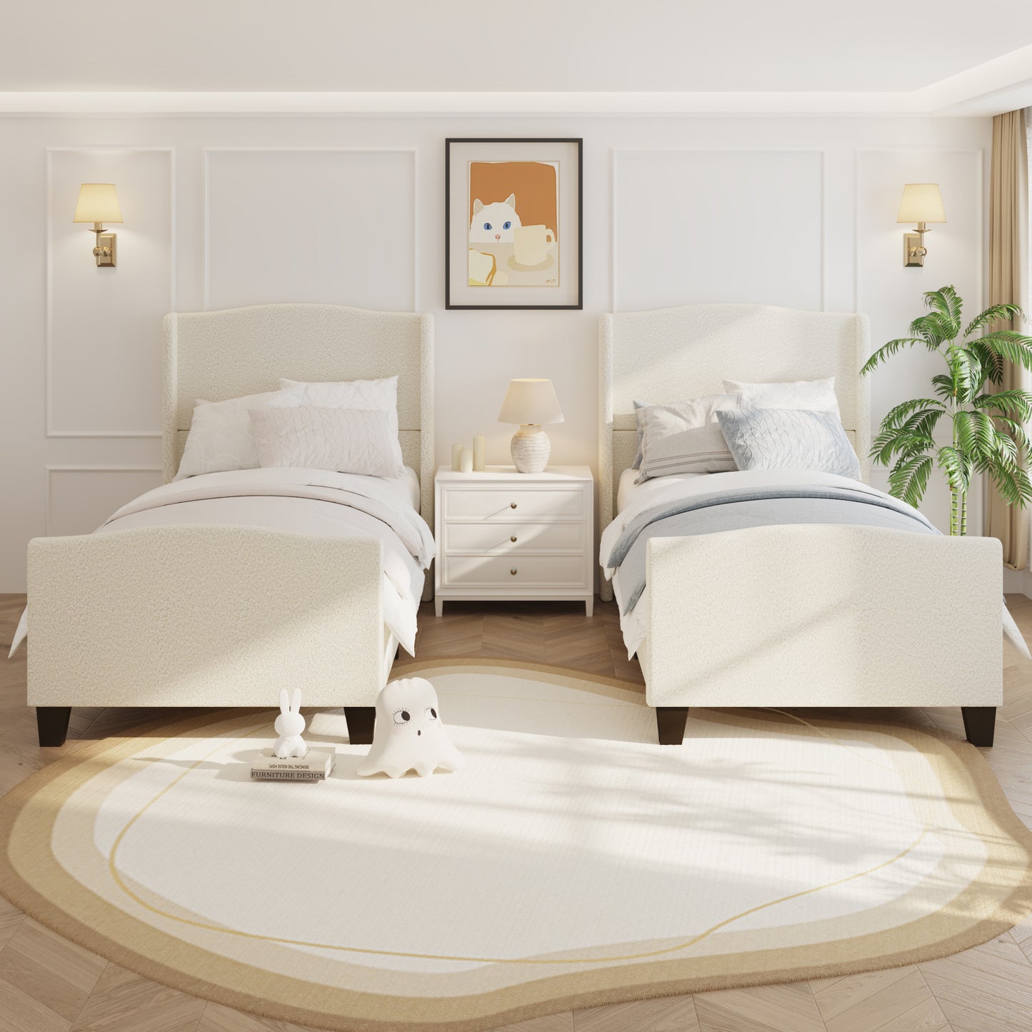 Twin Size Bed Frame with 49.21'High Back Upholstered Headboard and 27.17' High Footboard,Teddy Velvet,12 Slat Support,Solid Wood Feet,No Box Spring Needed(white)