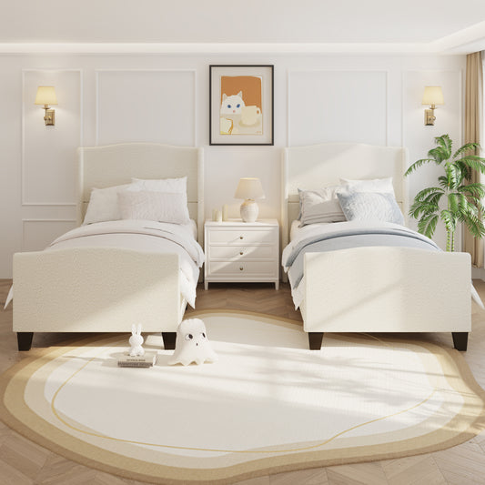 Twin Size Bed Frame with 49.21'High Back Upholstered Headboard and 27.17' High Footboard,Teddy Velvet,12 Slat Support,Solid Wood Feet,No Box Spring Needed(white)