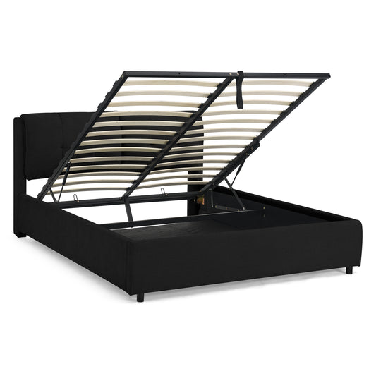 Modern Queen Storage Upholstered Hydraulic Platform Bed in Black with Chenille Fabric and Integrated Headboard