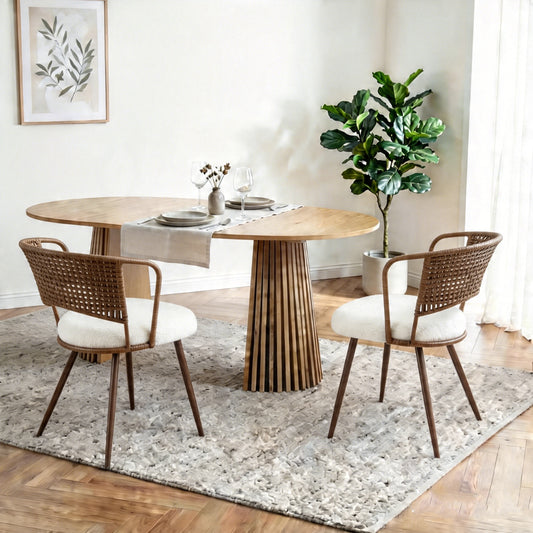Solid wood stretching dining table + dark brown woven dining chairs 2-piece set - farmhouse style farm chairs