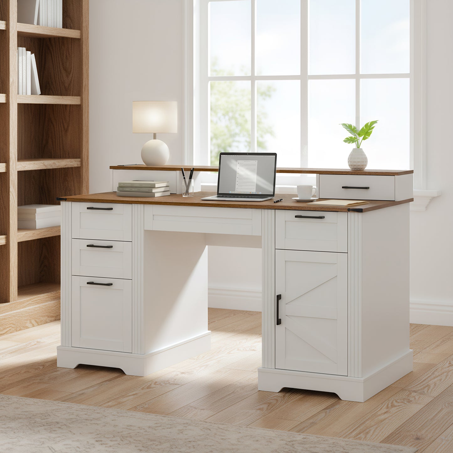 59' Farmhouse Office Desk With  Charging Station & Storage Cabinet, Barn Door Design Home Office Study Desk with File Drawer, Monitor Stand and Keyboard Tray for Office, Study, Living Room, White