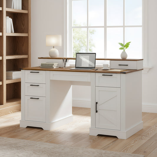 59' Farmhouse Office Desk With  Charging Station & Storage Cabinet, Barn Door Design Home Office Study Desk with File Drawer, Monitor Stand and Keyboard Tray for Office, Study, Living Room, White