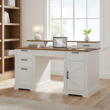 59' Farmhouse Office Desk With  Charging Station & Storage Cabinet, Barn Door Design Home Office Study Desk with File Drawer, Monitor Stand and Keyboard Tray for Office, Study, Living Room, White