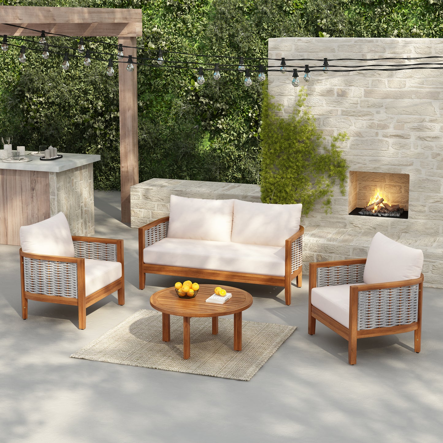 Outdoor Unique Tub Design 4-Seat Sofa Set with Woven Rope, 4 Pieces Acacia Wood Patio Furniture Set, Deep Seating with Soft Cushions for Porch, Garden, Backyard, Balcony, Teak Finish & Beige Cushion