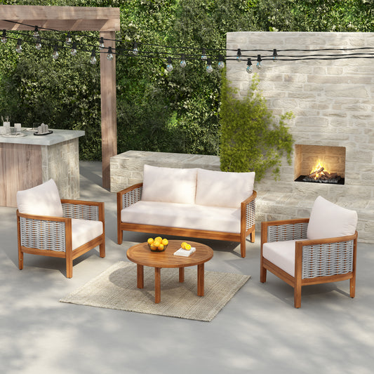 Outdoor Unique Tub Design 4-Seat Sofa Set with Woven Rope, 4 Pieces Acacia Wood Patio Furniture Set, Deep Seating with Soft Cushions for Porch, Garden, Backyard, Balcony, Teak Finish & Beige Cushion