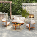 Outdoor Unique Tub Design 4-Seat Sofa Set with Woven Rope, 4 Pieces Acacia Wood Patio Furniture Set, Deep Seating with Soft Cushions for Porch, Garden, Backyard, Balcony, Teak Finish & Beige Cushion