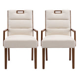 Upholstered Dining Chairs with Armrests, Beige Fabric & Walnut Rubber Wood Frame, Set of 2