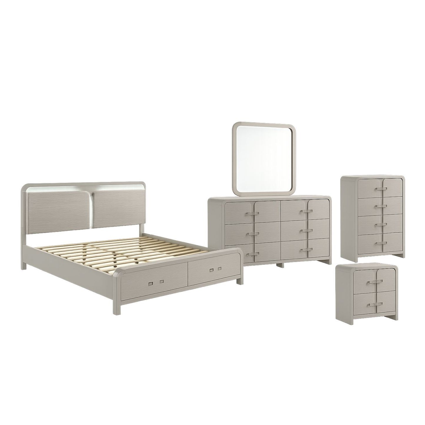 Aria Contemporary Queen 5PC Bedroom Set with Modern Storage Bed, Beige Finish, Wood Construction