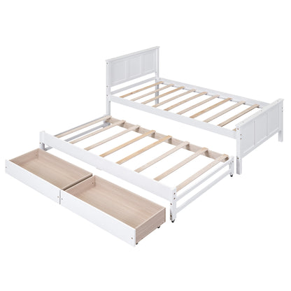 White Twin Size Platform Bed with Trundle and Drawers, Solid Pine Wood and MDF, 80''L x 97.6''W x 41.3''H